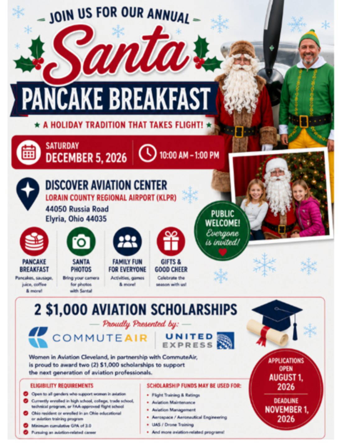 Santa Fly-In Pancake Breakfast flyer, Saturday, December 5, 2026